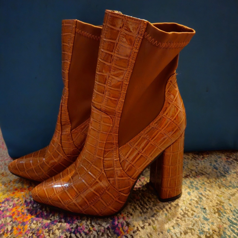 Womens Cognac Crocodile Embossed Ankle Boots Pointed Toe Block Heel Pull On 6‎